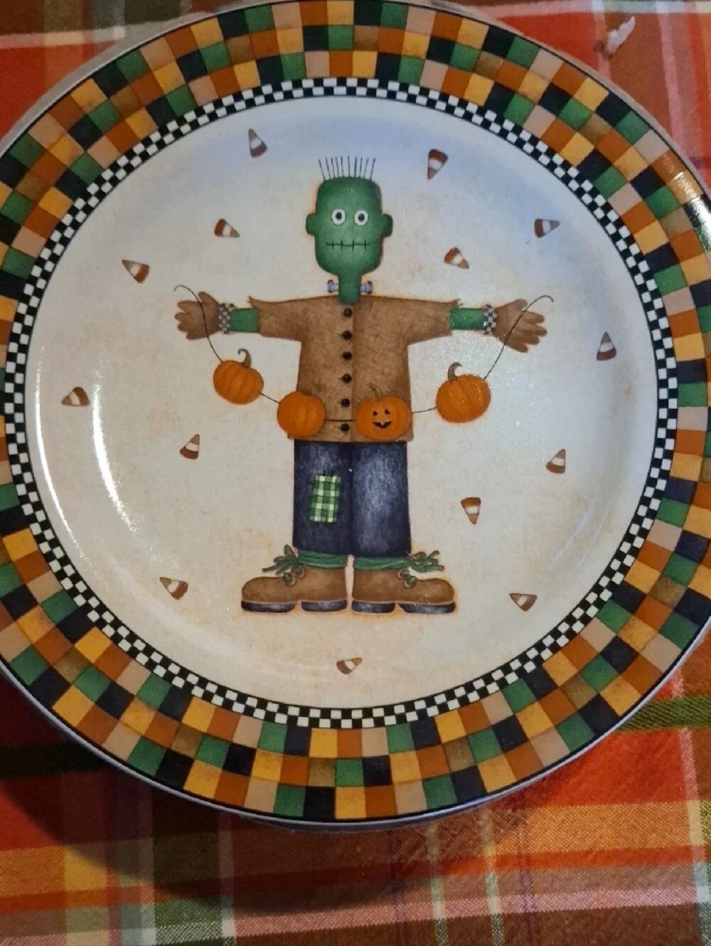 Vintage 1990s Debbie Mumm Halloween Orange Plaid Cat Salad Plates - Set of 4